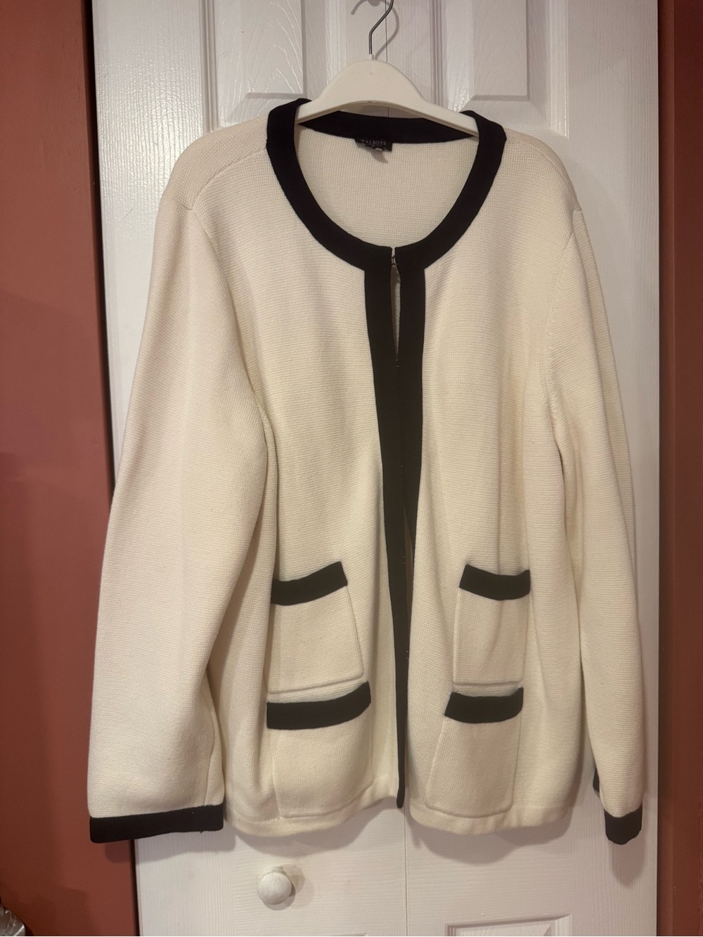 Talbots Cream Cardigan with Black Tipping, Size 3X Petite